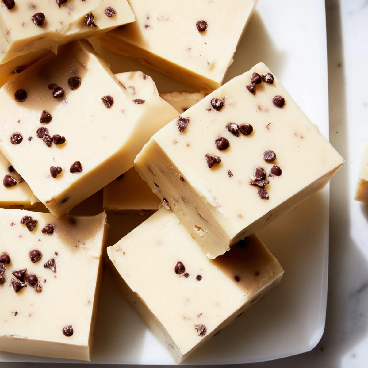 Sliced Irish Cream Fudge squares arranged on parchment paper with cocoa dusting and a vintage silver knife, ready to serve at a party.