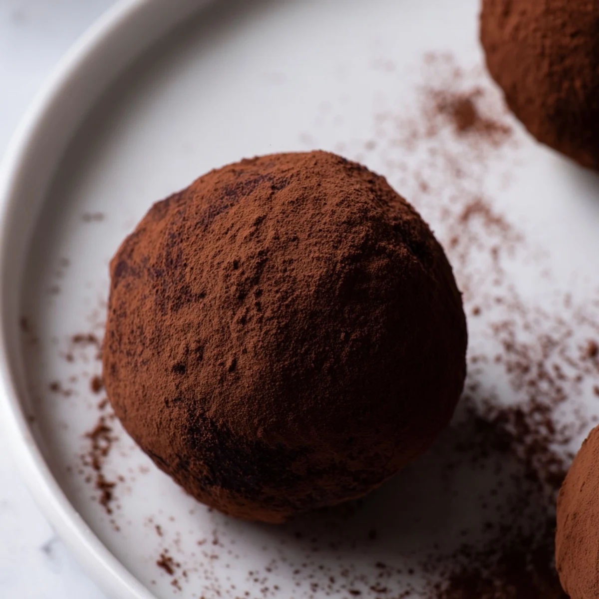 Chocolate Truffles with Cocoa Powder rolled into perfect spheres, their rich cocoa coating catching light on a clean plate.