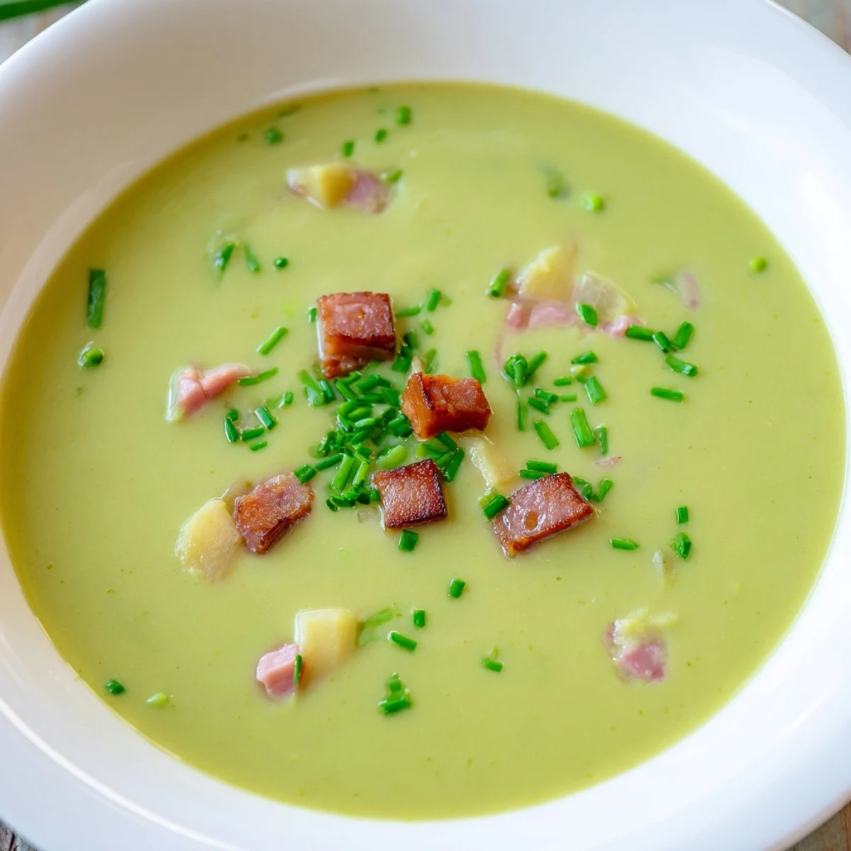 Fresh green Spring Pea Soup with Turkey Ham ladled into a white bowl, garnished with chopped chives and a slice of crusty bread on the side.