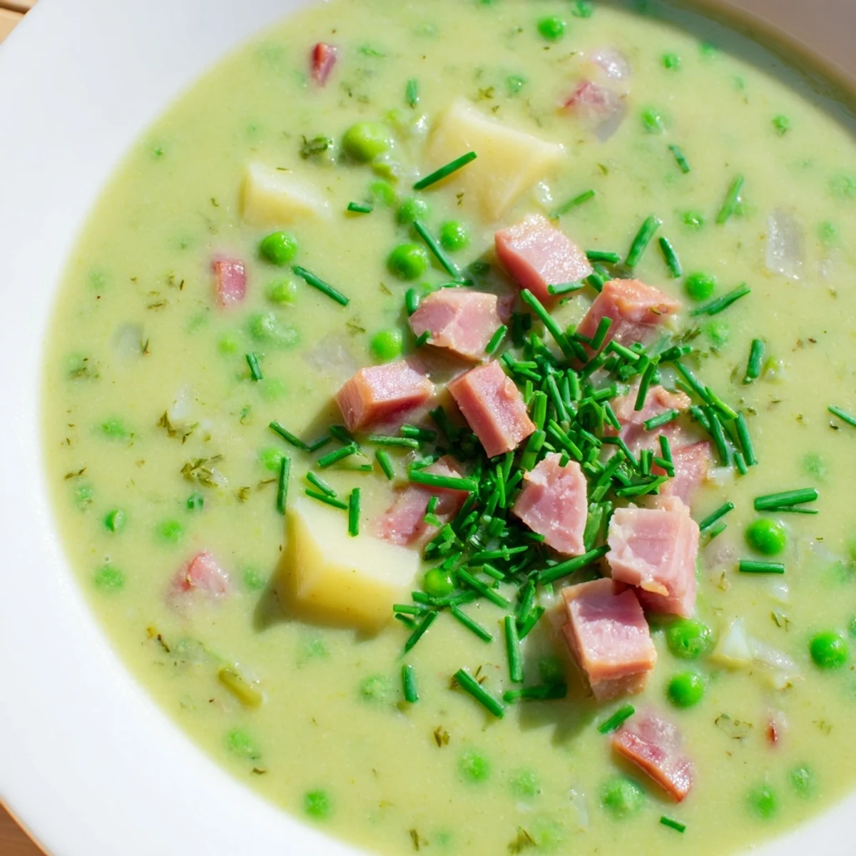 Vibrant Spring Pea Soup with Turkey Ham in a rustic pot, showing a creamy texture and a swirl of lemon juice on top.