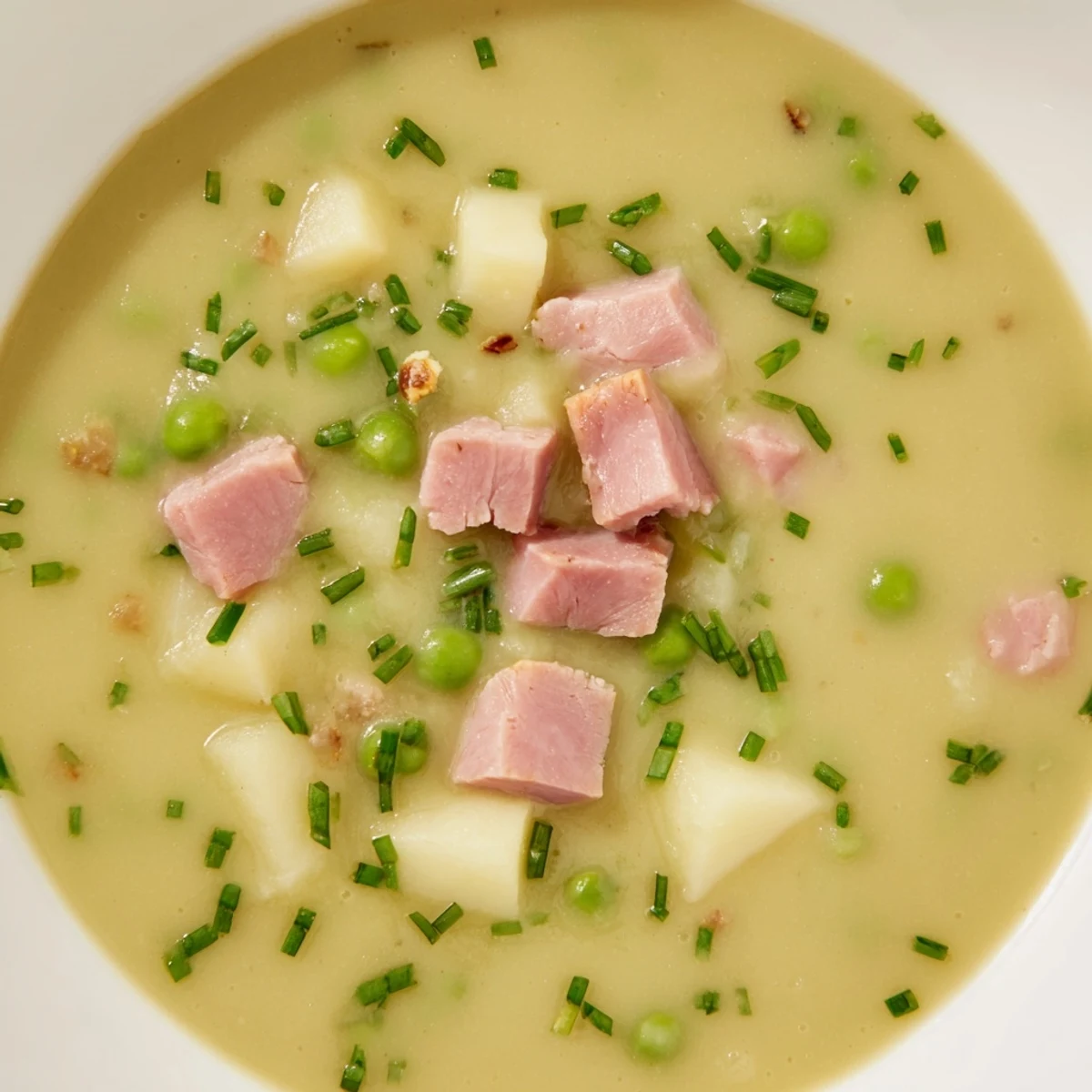 Warm Spring Pea Soup with Turkey Ham in a ceramic mug, topped with extra diced ham and fresh thyme sprigs for serving.