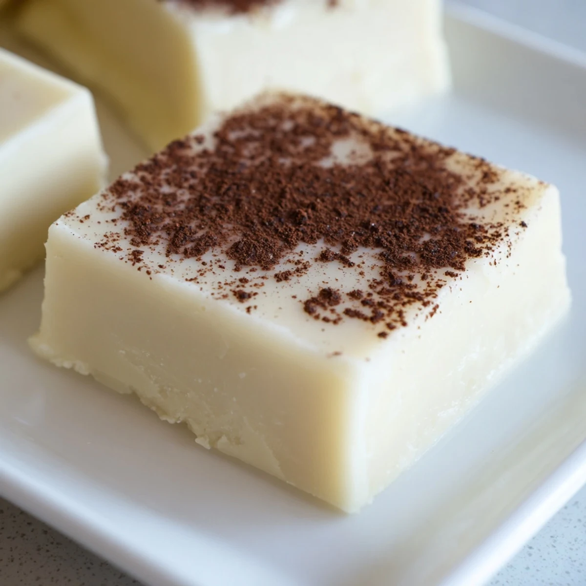 Glossy, chilled Irish Cream Fudge pieces dusted with cocoa powder on a marble surface.