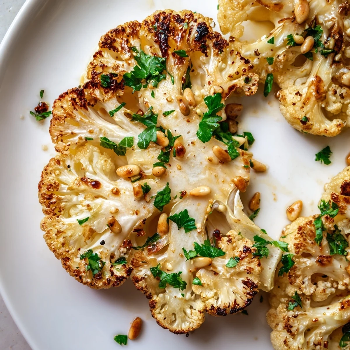 Golden roasted cauliflower steaks on a platter, garnished with fresh parsley and toasted pine nuts, served as a vegan main dish.