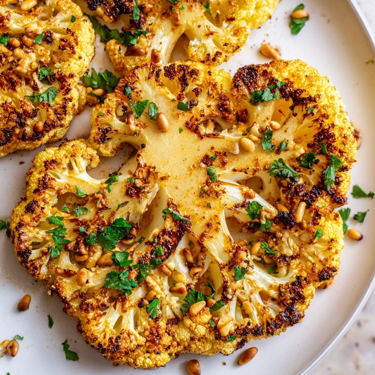 Close-up of thick cauliflower steaks with golden brown texture and herbs, a gluten-free vegan recipe perfect for dinner plates.