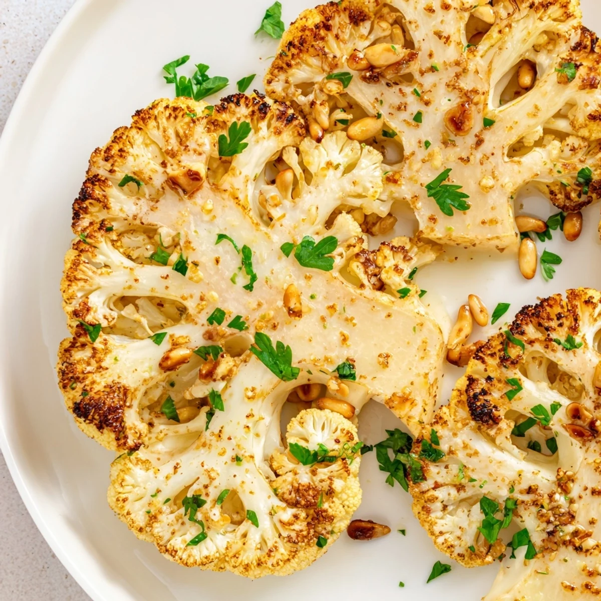 Sliced cauliflower steaks roasted to crispy edges with olive oil and garlic, a plant-based side dish ready to serve warm.
