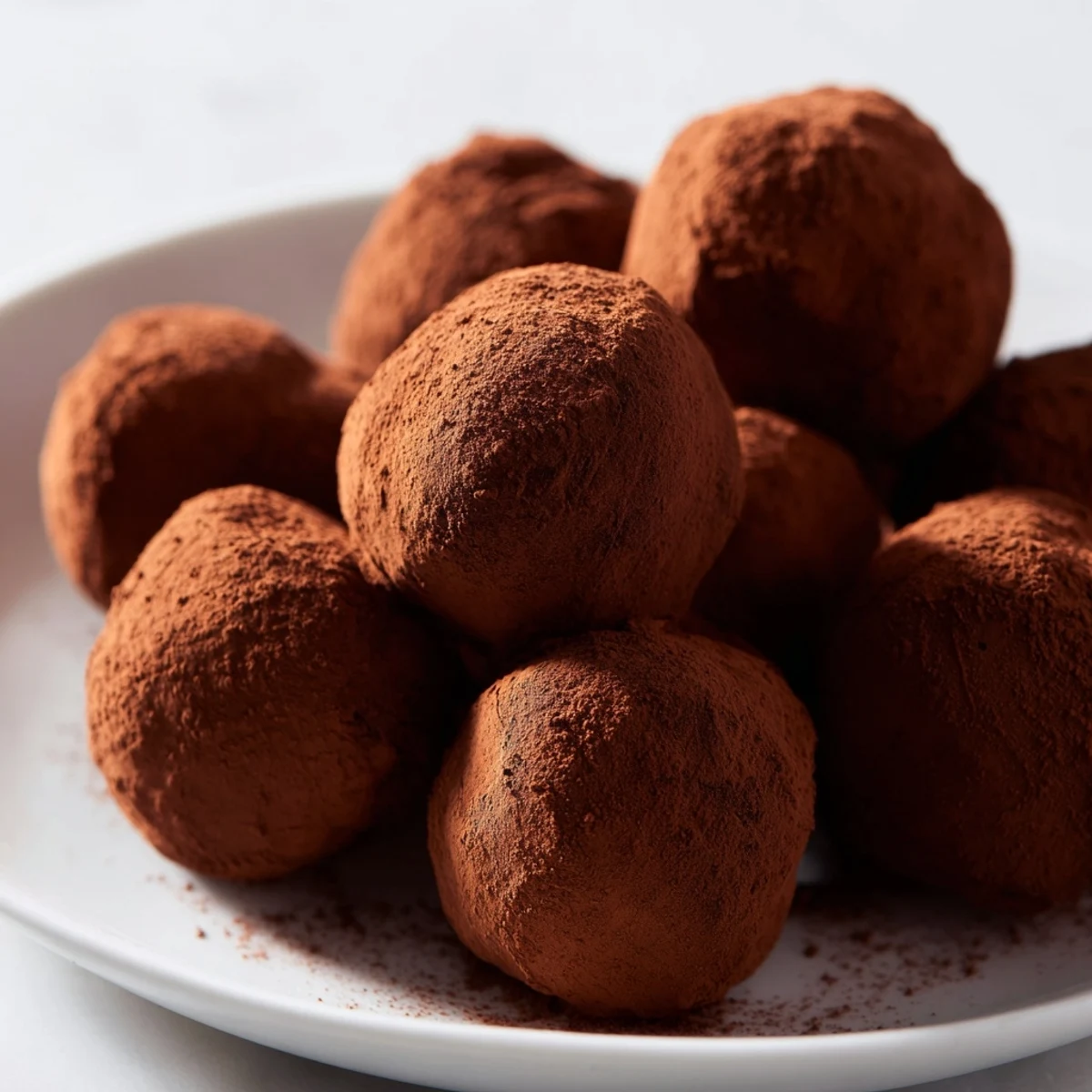 A close-up of homemade Chocolate Truffles with Cocoa Powder coated in rich cocoa powder on serving platter.