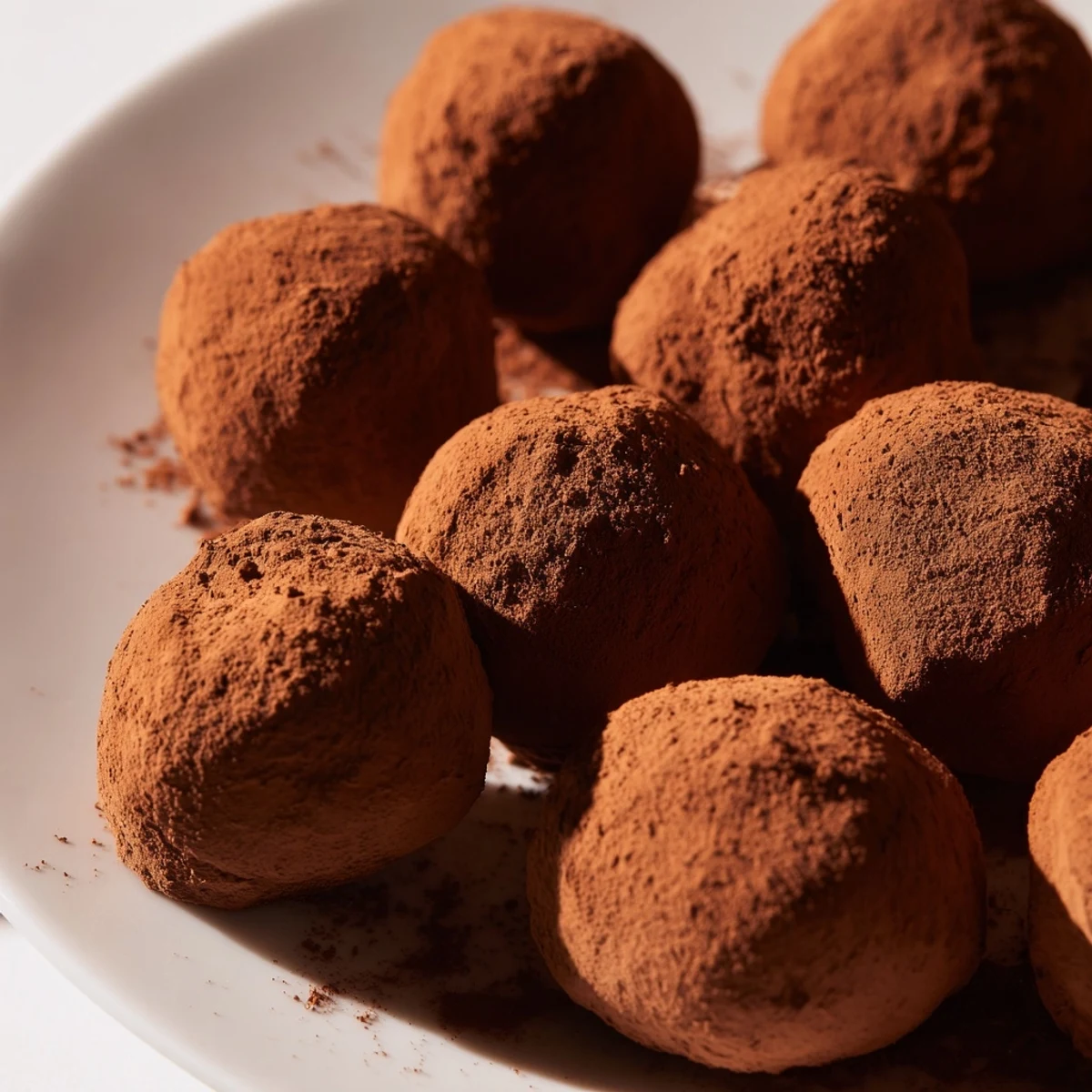Freshly rolled Chocolate Truffles with Cocoa Powder dusted lightly on a plate beside espresso cups.