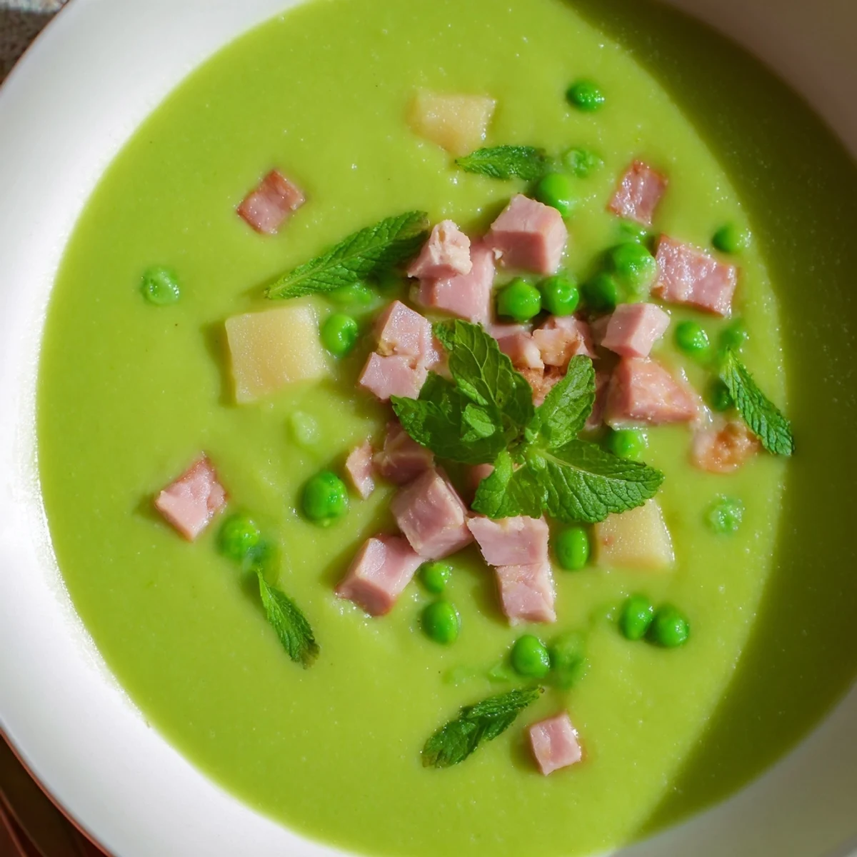 Creamy Spring Pea Soup with Turkey Ham garnished with pea shoots, served warm in a white bowl.