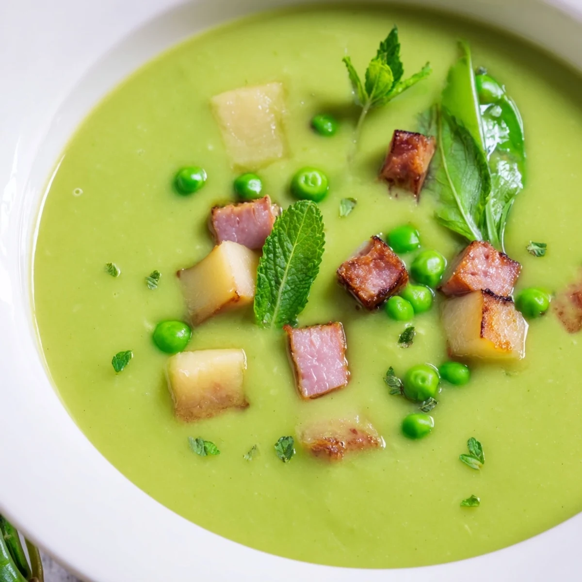 Spring Pea Soup with Turkey Ham topped with crispy ham bits and fresh mint leaves, ready to serve.