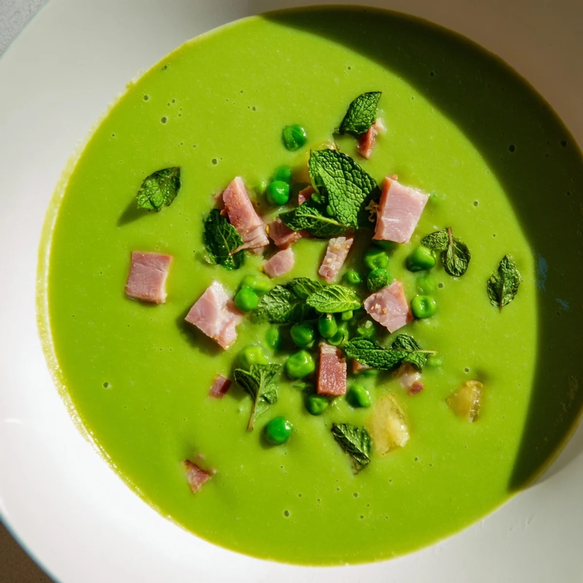 A close-up of Spring Pea Soup with Turkey Ham, showcasing its smooth, vibrant green texture on a rustic table.