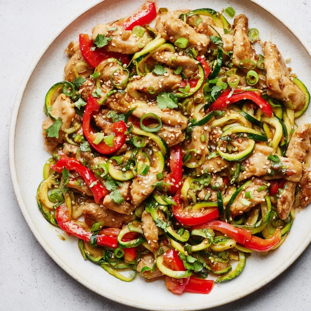 A healthy, low-carb dinner garnished with sesame seeds and herbs, served hot in a skillet.