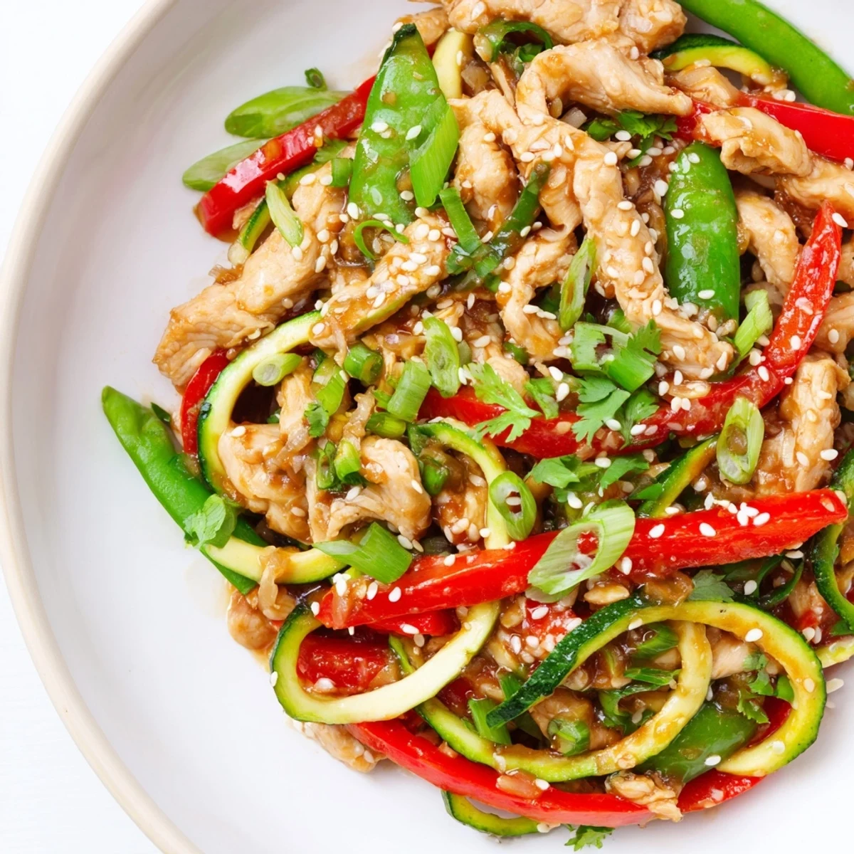 Tender chicken and crisp zucchini noodles coated in a savory garlic sauce for Garlic Chicken Zucchini Noodles Stir Fry.