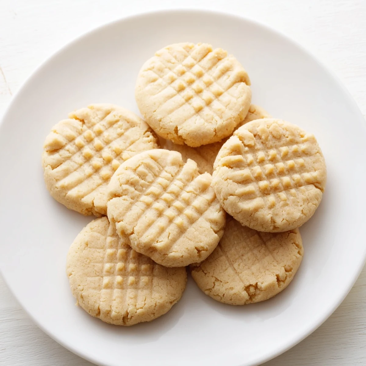 Close-up of golden-brown Keto Butter Cookies with a crisscross fork pattern, showcasing their tender, melt-in-your-mouth texture and rich buttery flavor on a rustic wooden surface.
