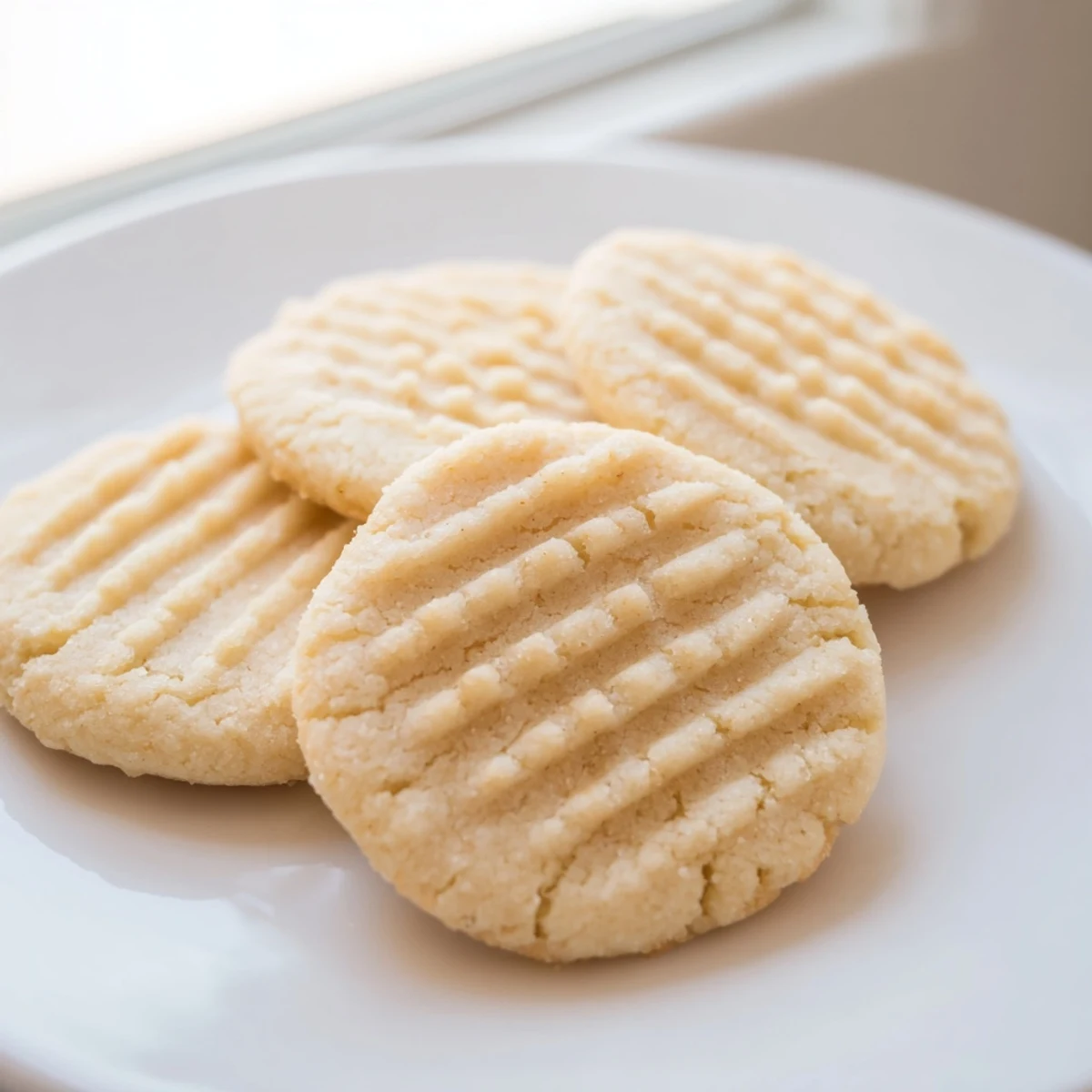 Freshly baked Keto Butter Cookies arranged in a neat stack, with a light dusting of powdered erythritol, perfect for a low-carb dessert platter.