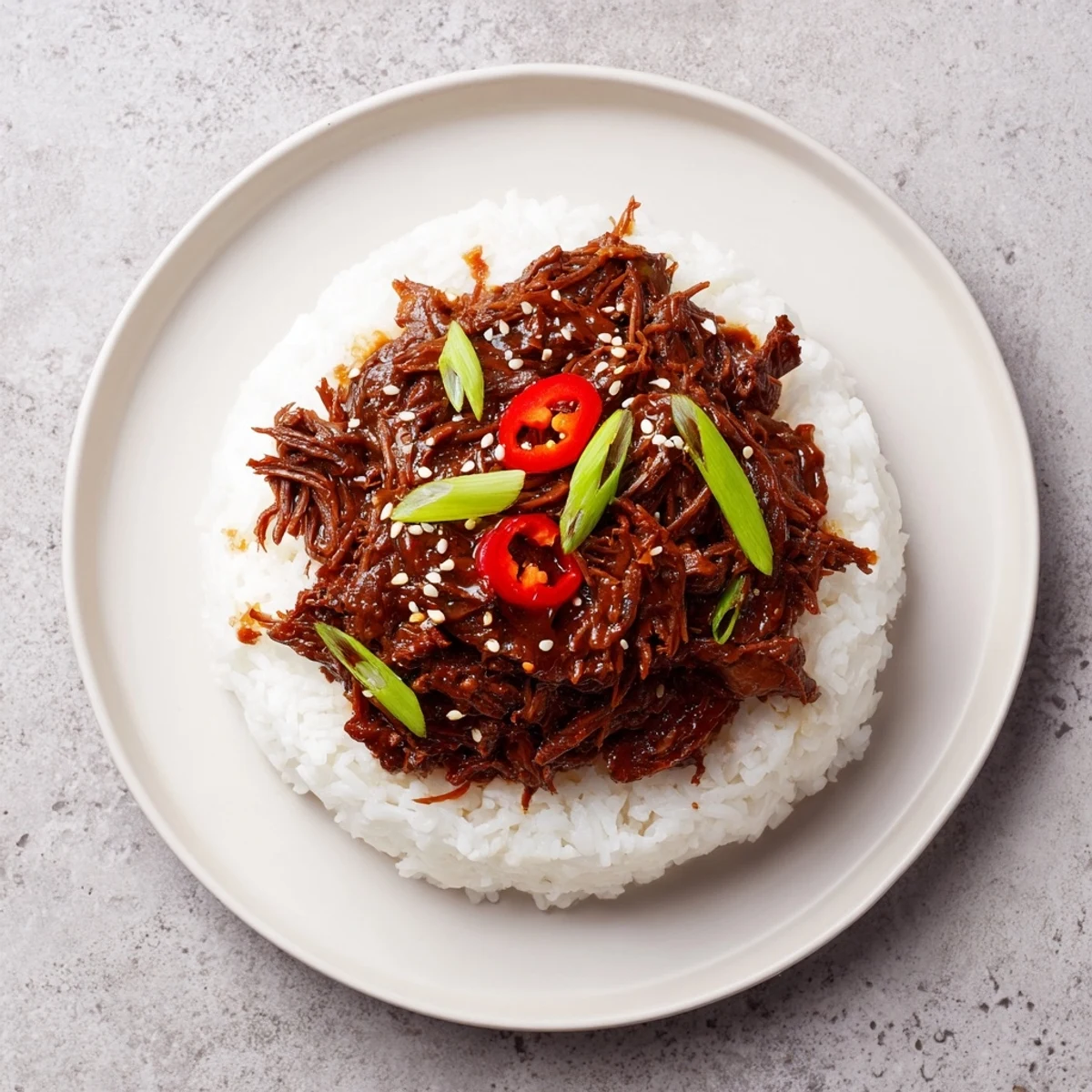 Slow cooker Korean beef glistens with a savory-sweet sauce, tender shredded meat ready to serve over fluffy steamed rice.
