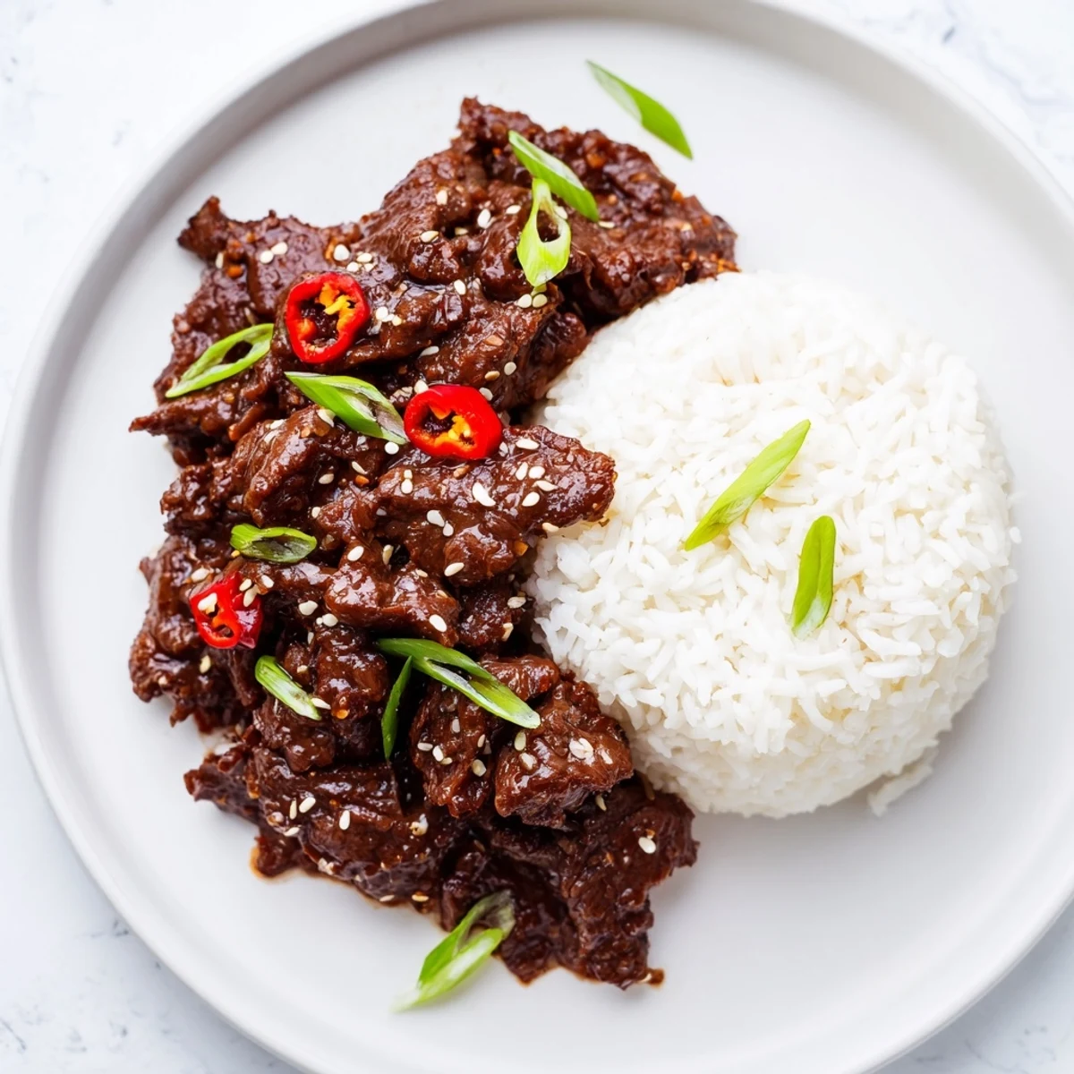 Fork-tender Slow Cooker Korean Beef sits in a glossy reddish-brown sauce, garnished with green onions and sesame seeds.