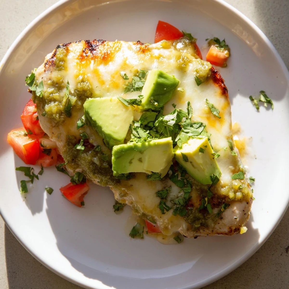 Juicy Grilled Salsa Verde Pepper Jack Chicken rests on a plate with lime wedges and sliced avocado for a zesty finish.  