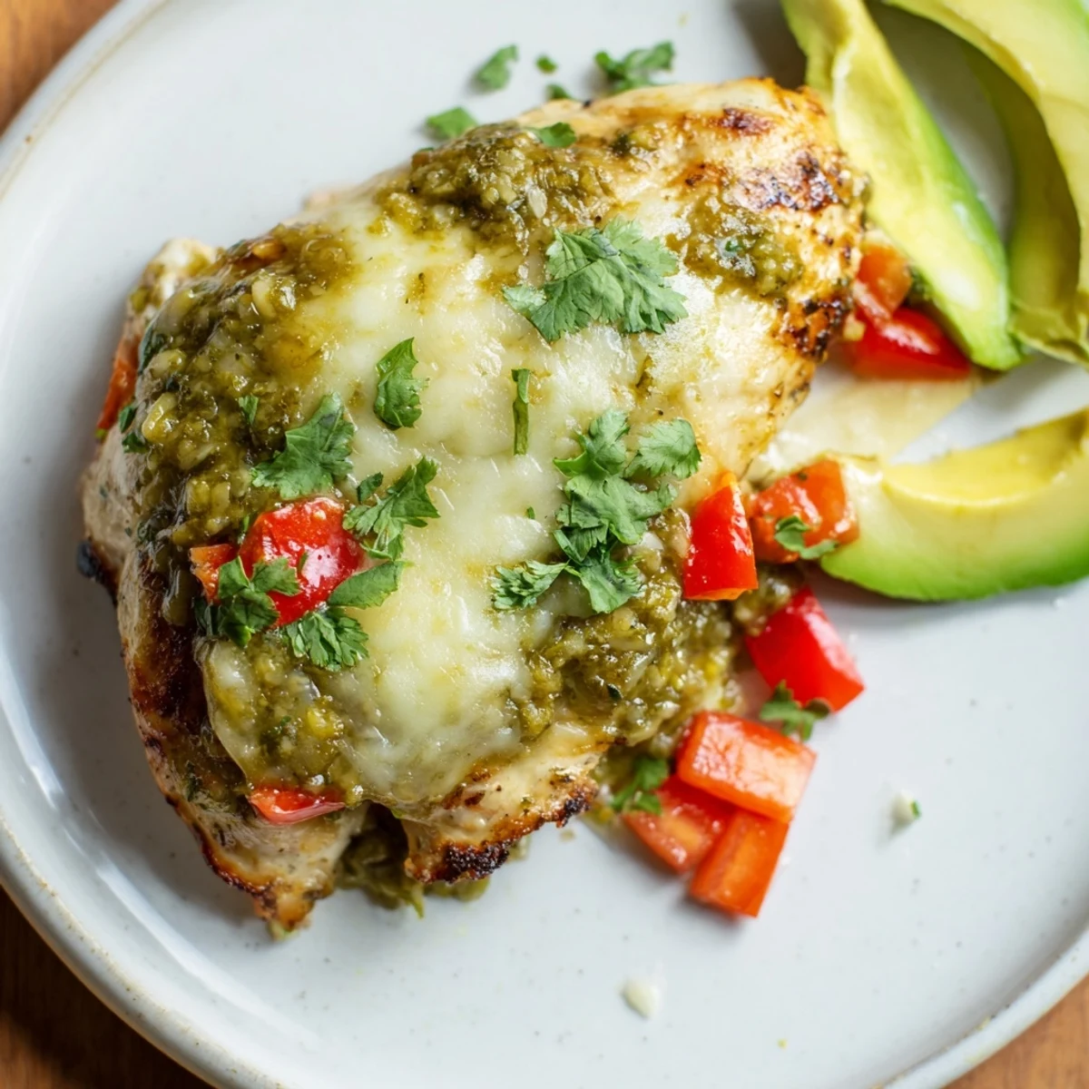 Perfectly grilled chicken breasts topped with vibrant salsa verde and melted pepper jack cheese, garnished with fresh cilantro.  
