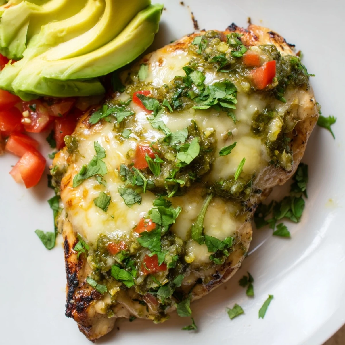 A close-up of tender Grilled Salsa Verde Pepper Jack Chicken featuring melted cheese and a side of diced fresh tomatoes.