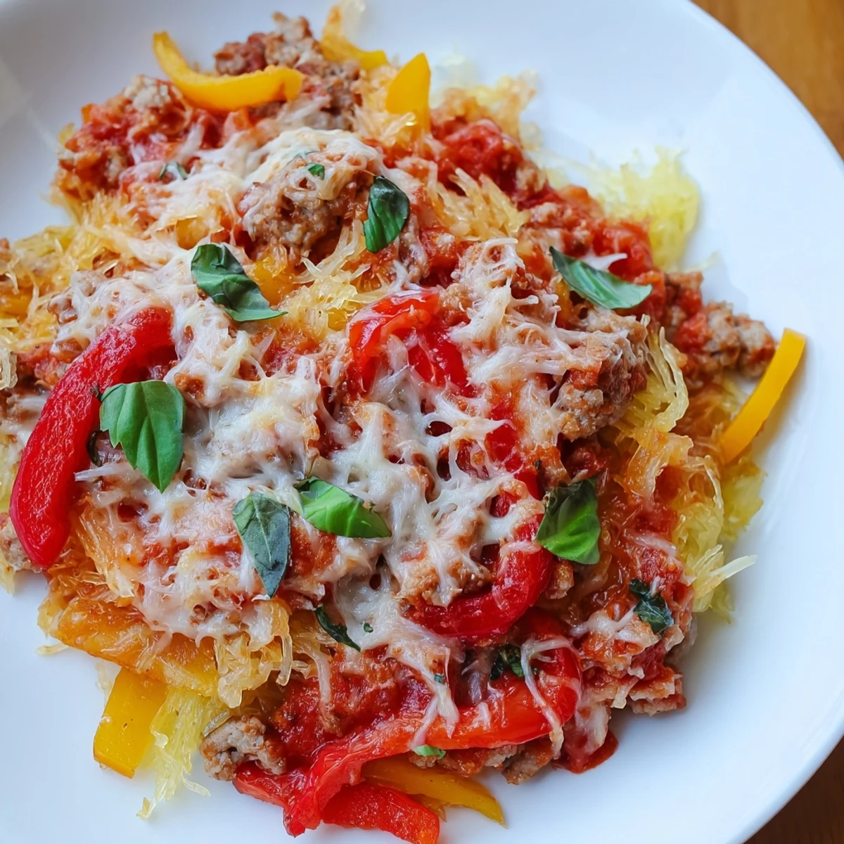 Savory Sausage and Peppers Spaghetti Squash Casserole served on a plate with a side salad for a complete gluten-free dinner.