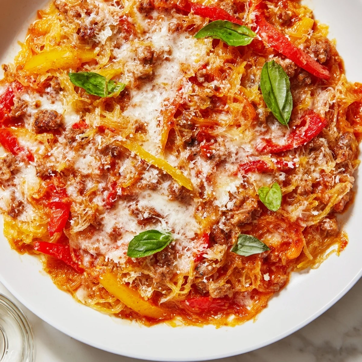 Golden Sausage and Peppers Spaghetti Squash Casserole bubbling in a white dish, topped with melted mozzarella and fresh basil.