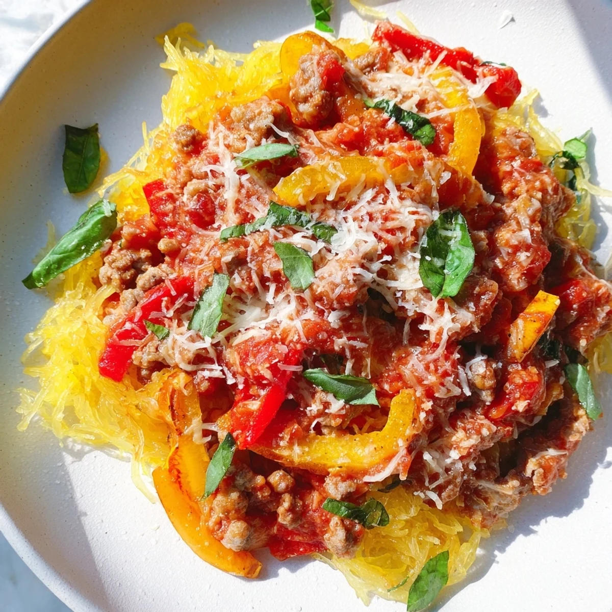 Close-up of Sausage and Peppers Spaghetti Squash Casserole revealing roasted squash strands mixed with Italian sausage and colorful peppers.