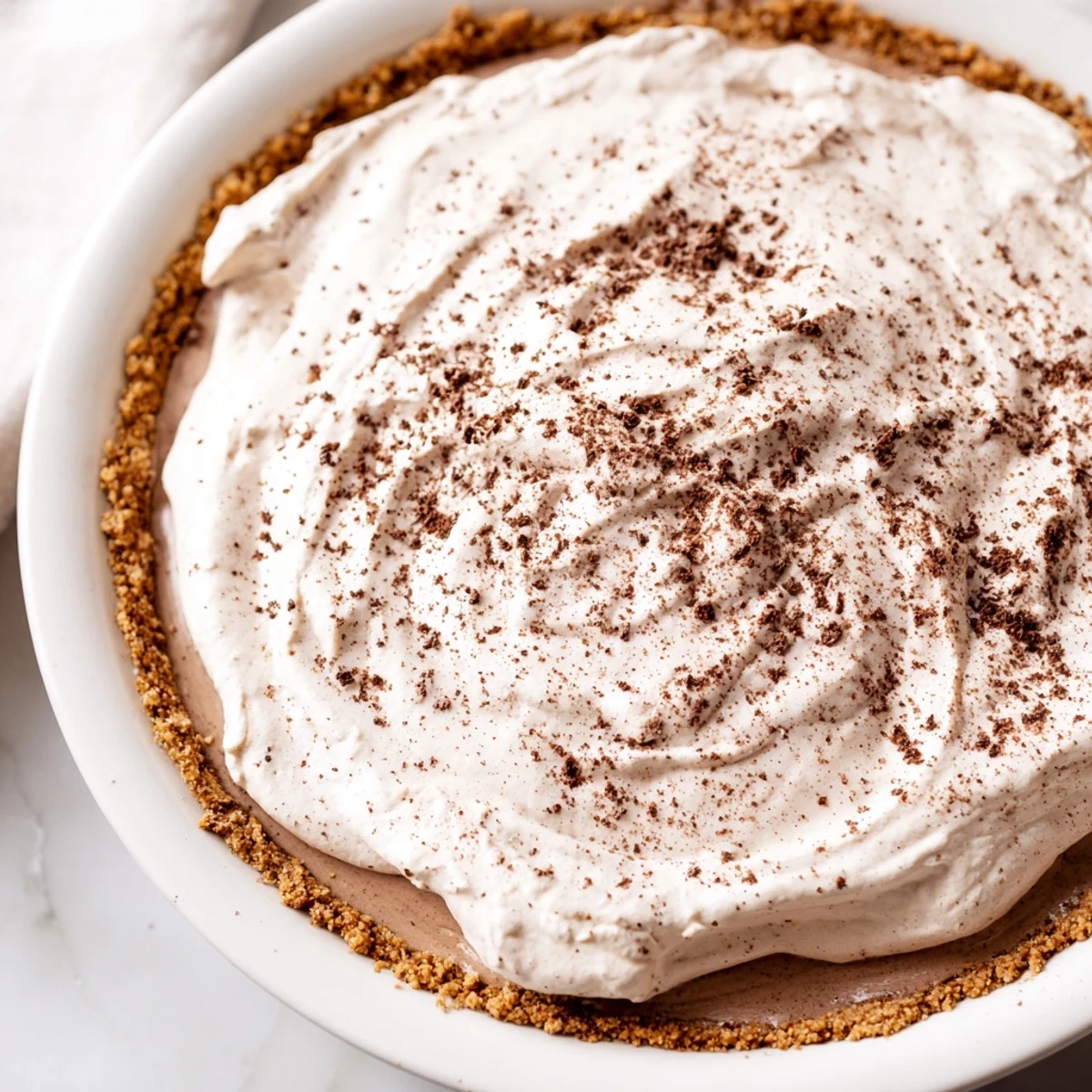 Creamy Keto Cold Brew Coffee Pie in a golden almond crust, topped with fluffy whipped cream and coffee beans for a rich dessert.