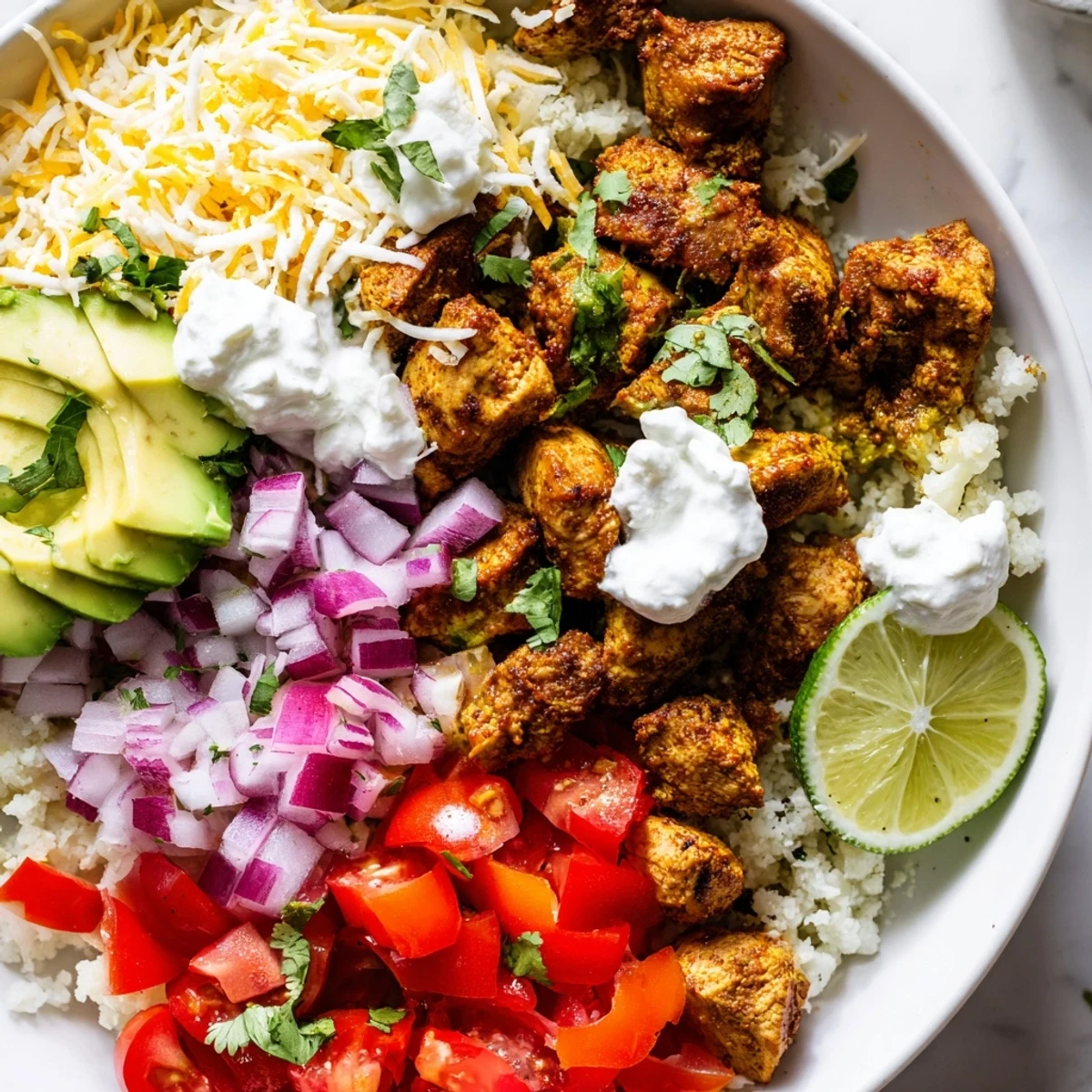 A close-up of a Low Carb Burrito Bowl filled with seasoned chicken, cauliflower rice, and diced veggies.