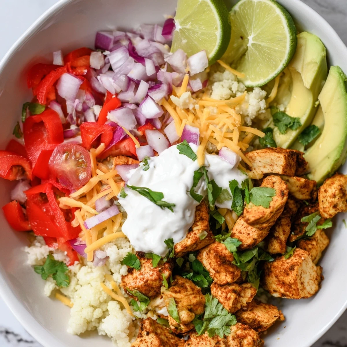 The Low Carb Burrito Bowl shows bright red bell peppers, creamy avocado slices, and a drizzle of sour cream.