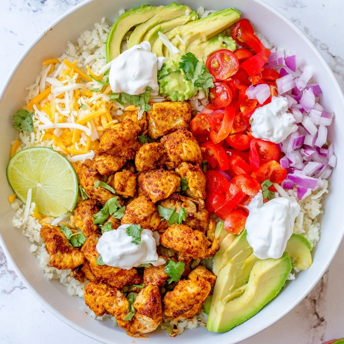 Overhead view of a Low Carb Burrito Bowl with melted cheese, salsa, and fresh cilantro on a rustic table.