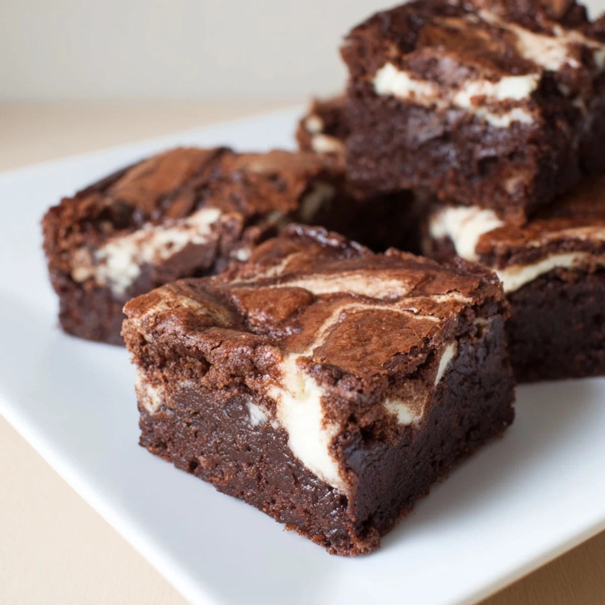 A close-up of Cottage Cheese Brownies showing a glossy, fudgy chocolate surface with a creamy, marbled cottage cheese swirl.