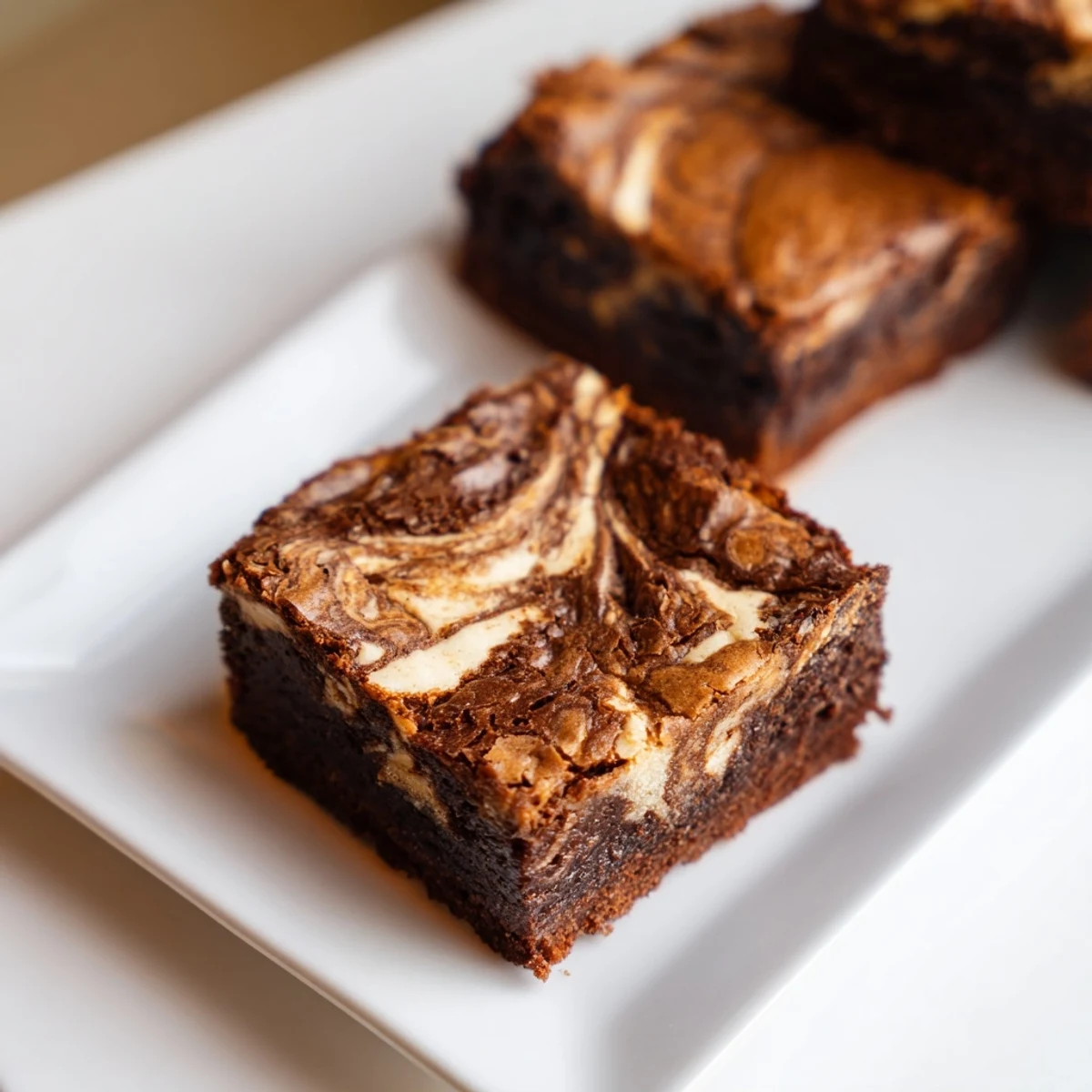 Overhead view of Cottage Cheese Brownies on a white plate, dusted with powdered sugar, perfect for a chocolate dessert platter.