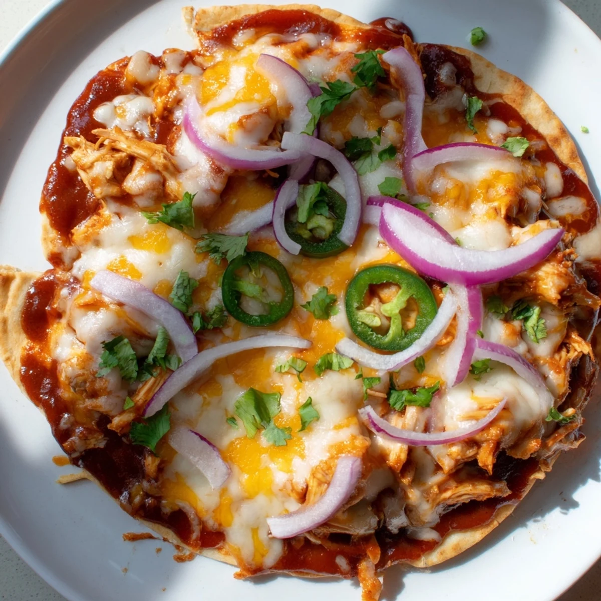Golden-brown BBQ Chicken Flatbread fresh from the oven, topped with melted cheese, red onion, and jalapeños.