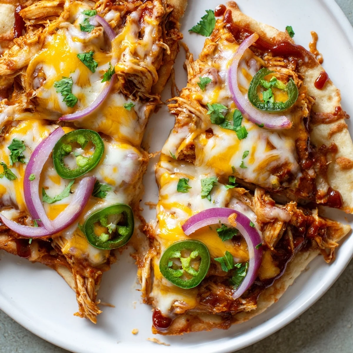 A finished BBQ Chicken Flatbread with shredded chicken and cilantro on a rustic cutting board for serving.