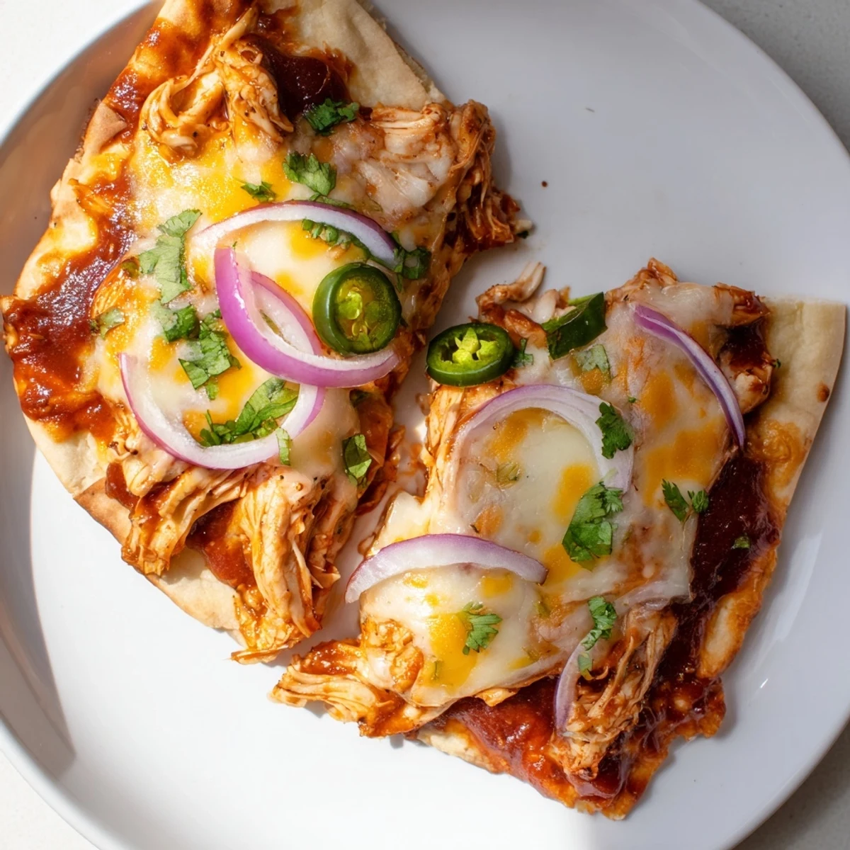 Close-up of a BBQ Chicken Flatbread slice being lifted, revealing gooey cheese and tangy BBQ sauce.