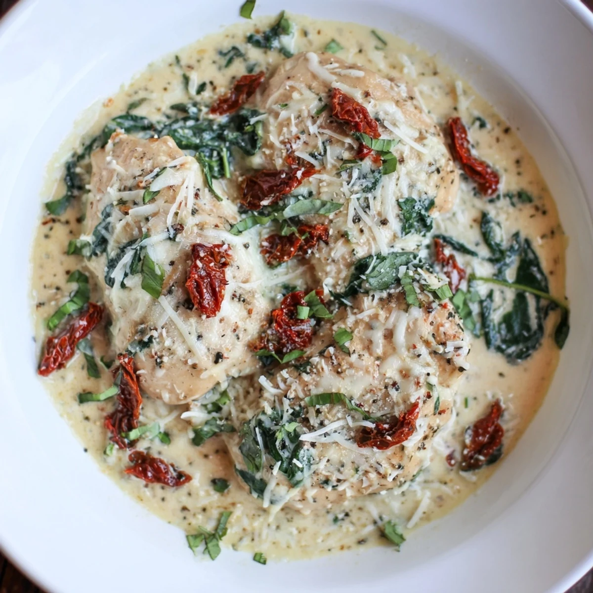 Creamy Marry Me Low Carb Chicken Casserole with bubbly golden mozzarella, sun-dried tomatoes, and wilted spinach, served hot in a baking dish.