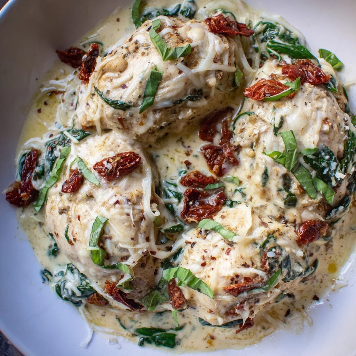 A beautiful Marry Me Low Carb Chicken Casserole paired with cauliflower rice, featuring spinach and sun-dried tomatoes in every cheesy bite.