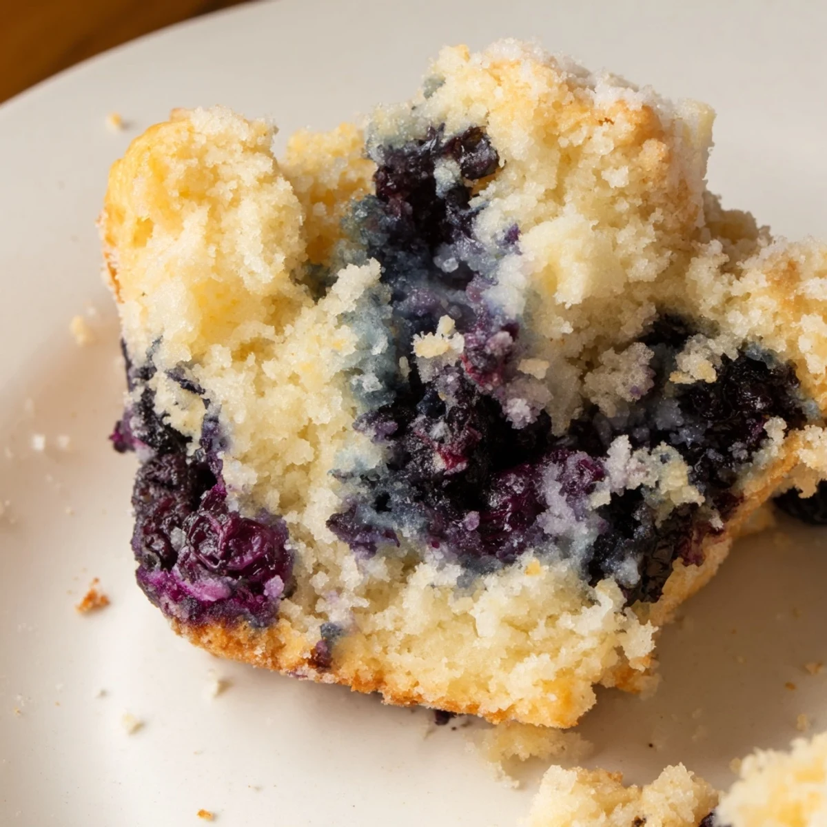 Warm Sourdough Blueberry Muffins on a wooden board, with moist crumb, lemon zest aroma, and morning coffee nearby.