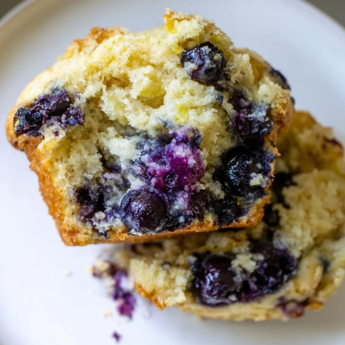 Golden-brown Sourdough Blueberry Muffins stacked on a plate, ready for breakfast or a sweet afternoon snack with tea.