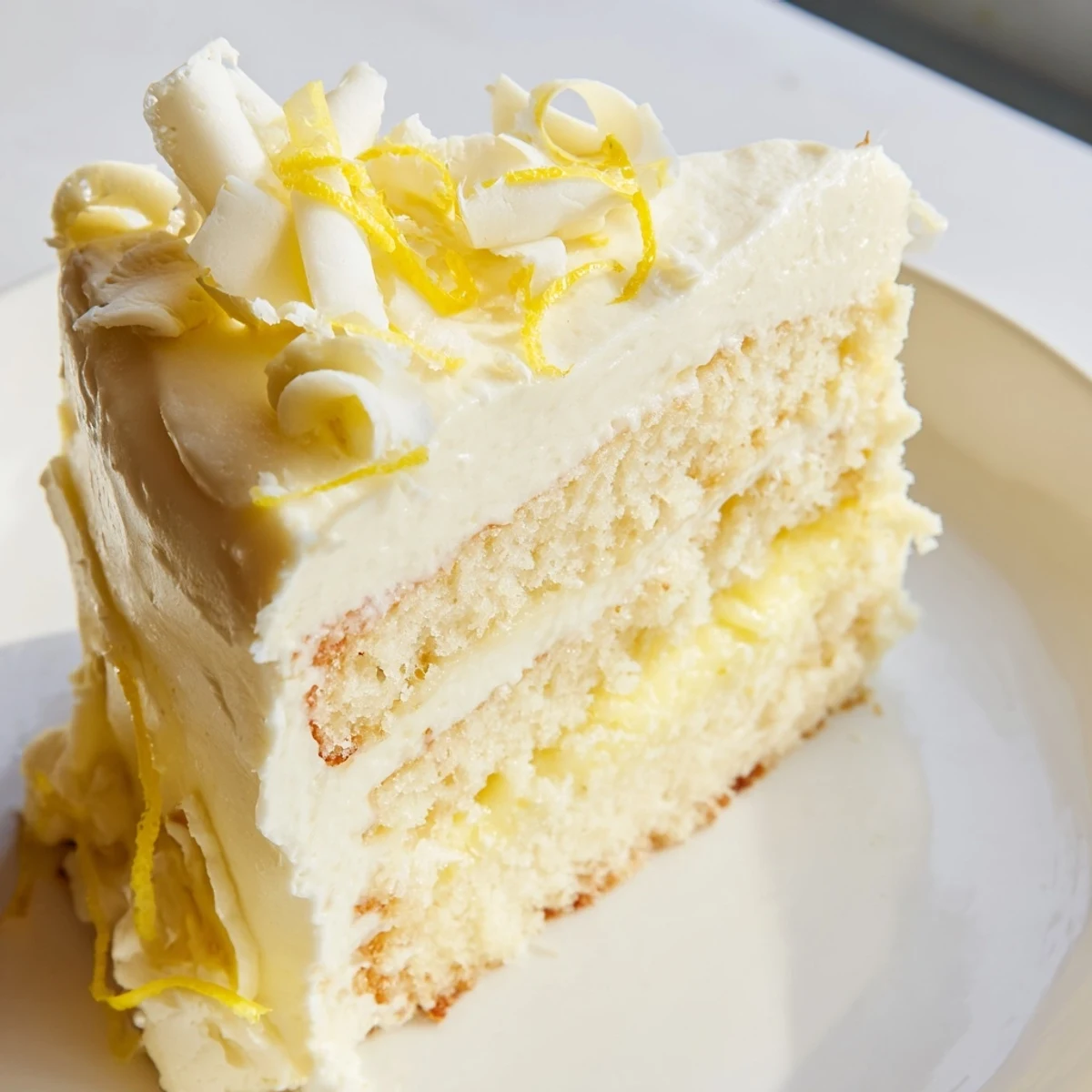 A slice of the layered Limoncello Mascarpone Cake shows sponge soaked in syrup and creamy frosting.