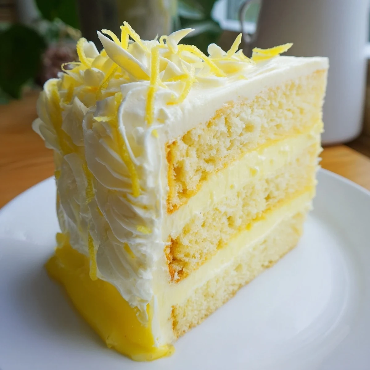 A close-up of the Limoncello Mascarpone Cake reveals mascarpone filling and a garnish of fresh lemon zest.