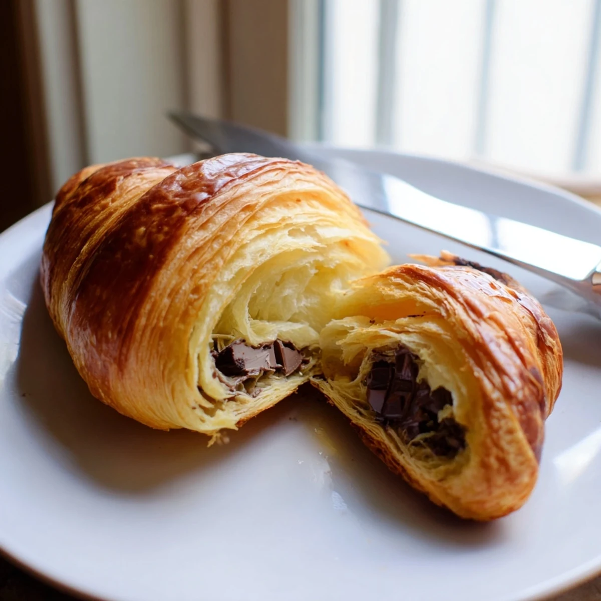 Freshly baked homemade chocolate croissants with flaky, golden layers and gooey melted chocolate filling.