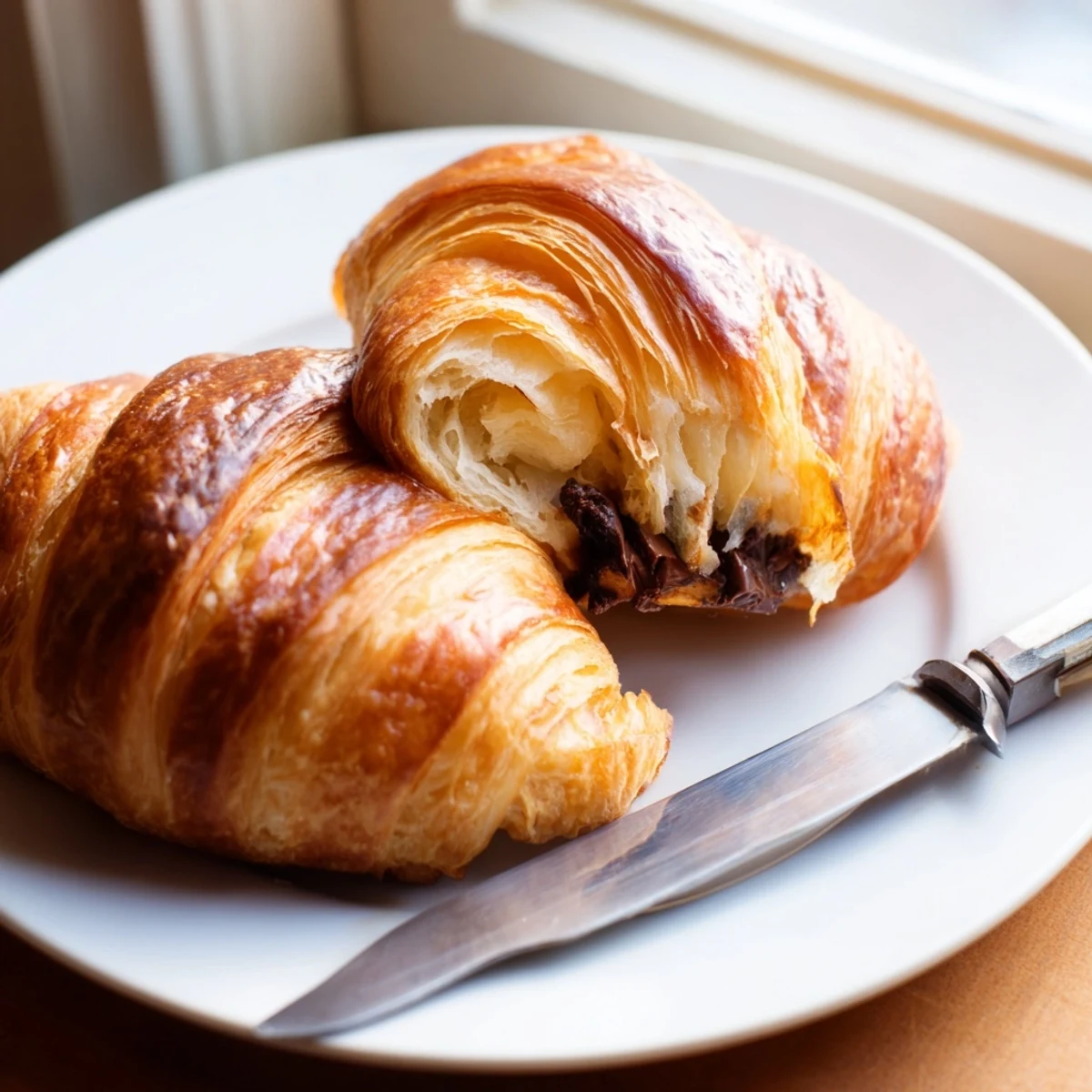 Golden homemade chocolate croissants cooling on a rack, ready for a special breakfast treat.