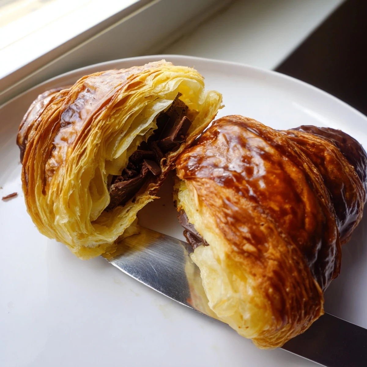 Warm, buttery homemade chocolate croissants served on a rustic plate with morning coffee.