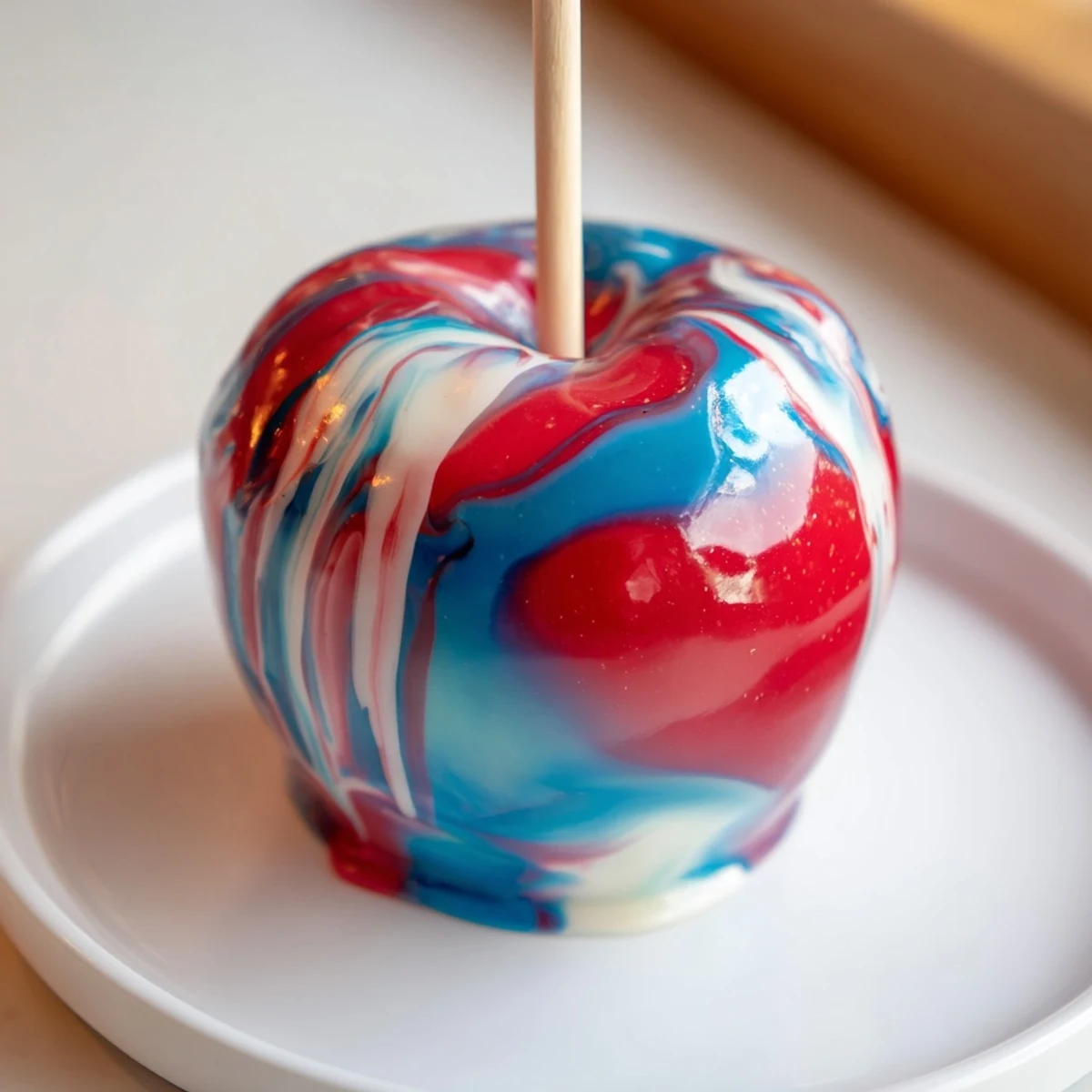 Hands holding a Marbled Effect Candy Apples by its wooden stick, ready to serve at a colorful dessert table with swirling candy patterns.