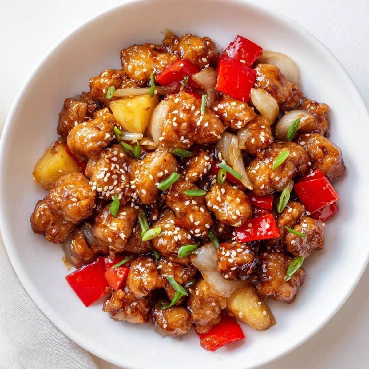Tender chicken cubes and bright pineapple chunks tossed in a savory glaze, served hot and steamy.