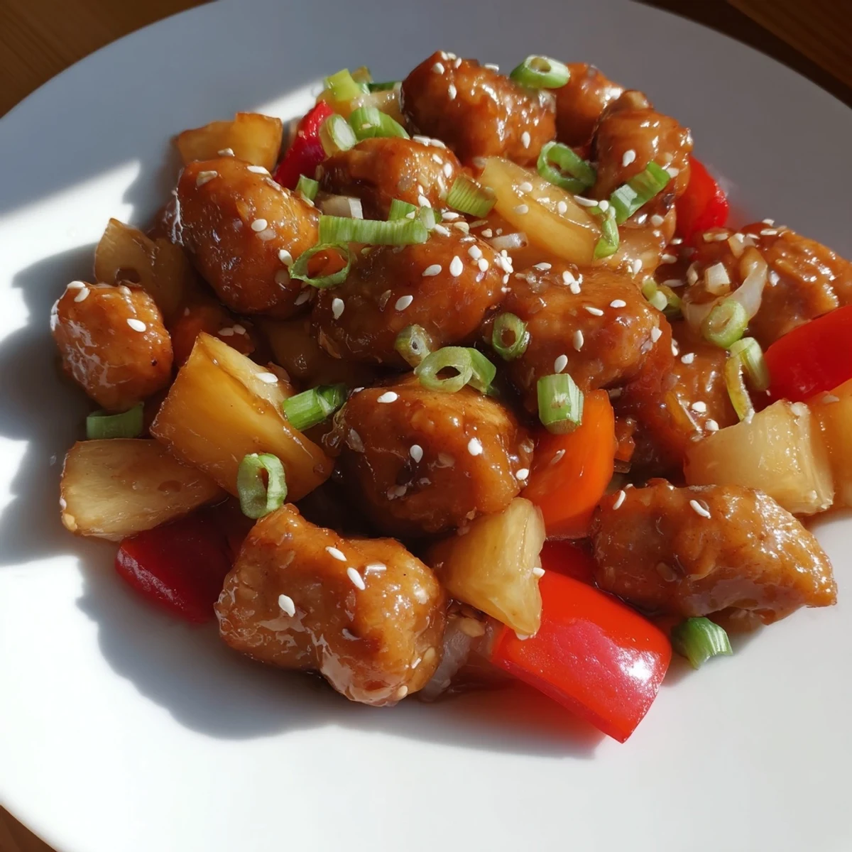 Golden-brown honey garlic pineapple chicken pieces glistening in a skillet next to fluffy white rice.