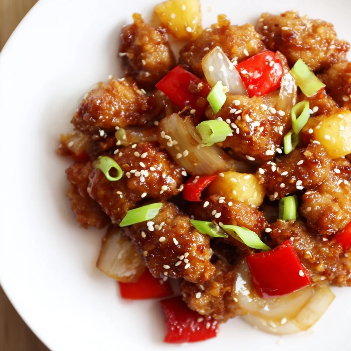Colorful bowl of honey garlic pineapple chicken with red bell peppers and green onions, ready to eat.