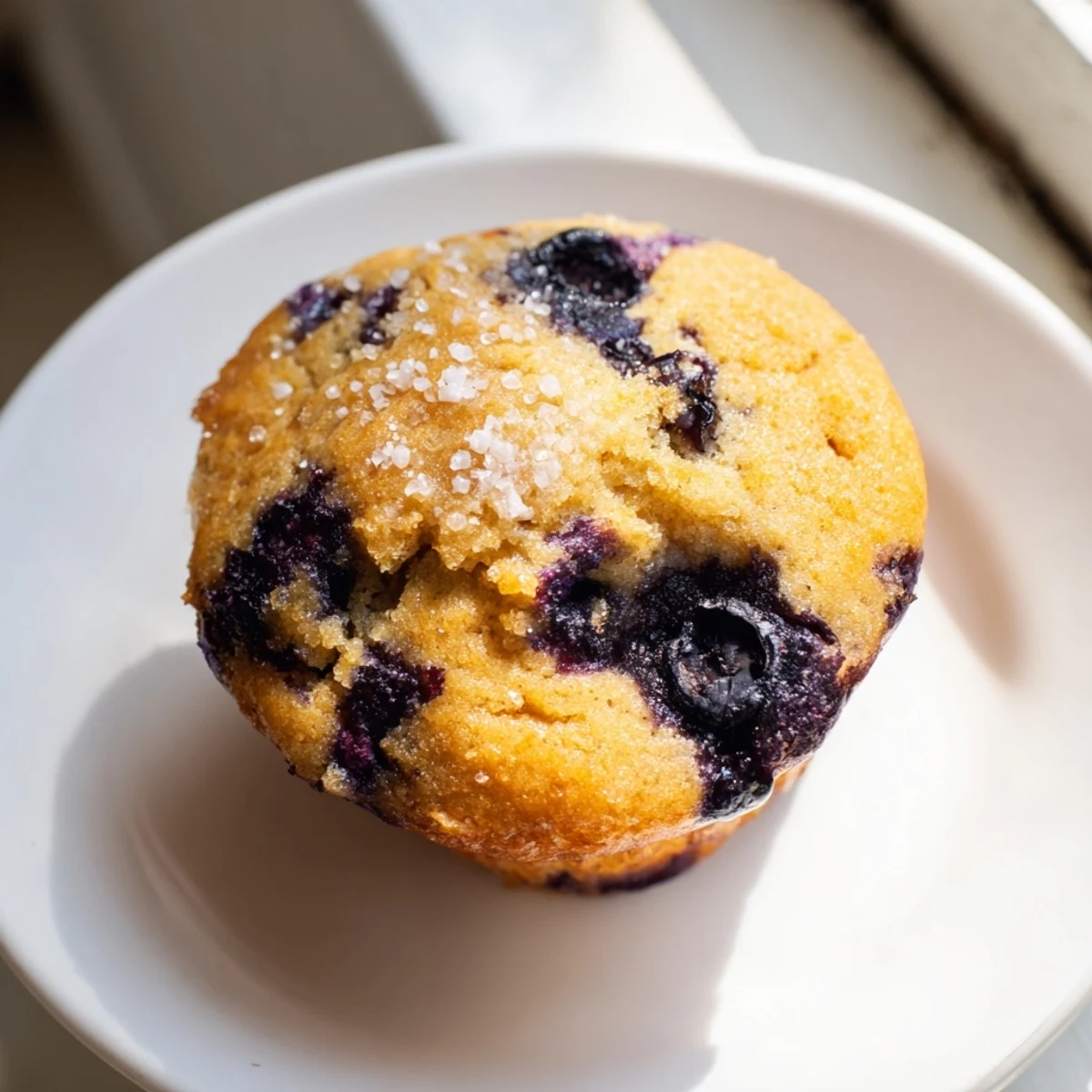 A close-up of freshly baked Blueberry Protein Muffins with Greek Yogurt, golden-brown tops with juicy blueberries peeking out, served on a rustic wooden board.