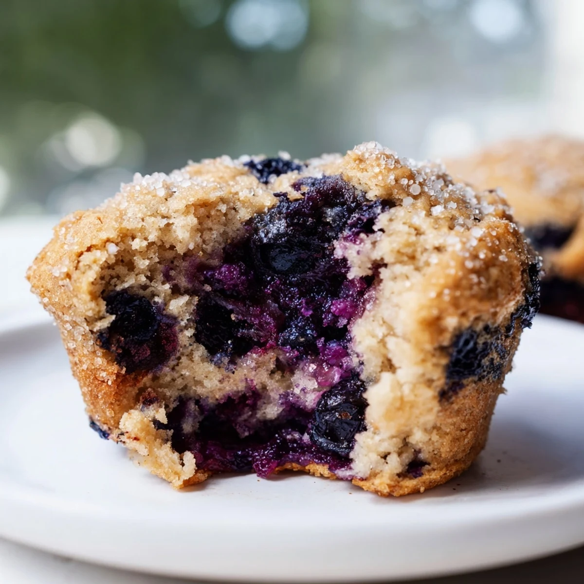 Twelve golden-brown Blueberry Protein Muffins with Greek Yogurt rest on a wire cooling rack, some muffins split open to reveal the moist, blueberry-studded interior.